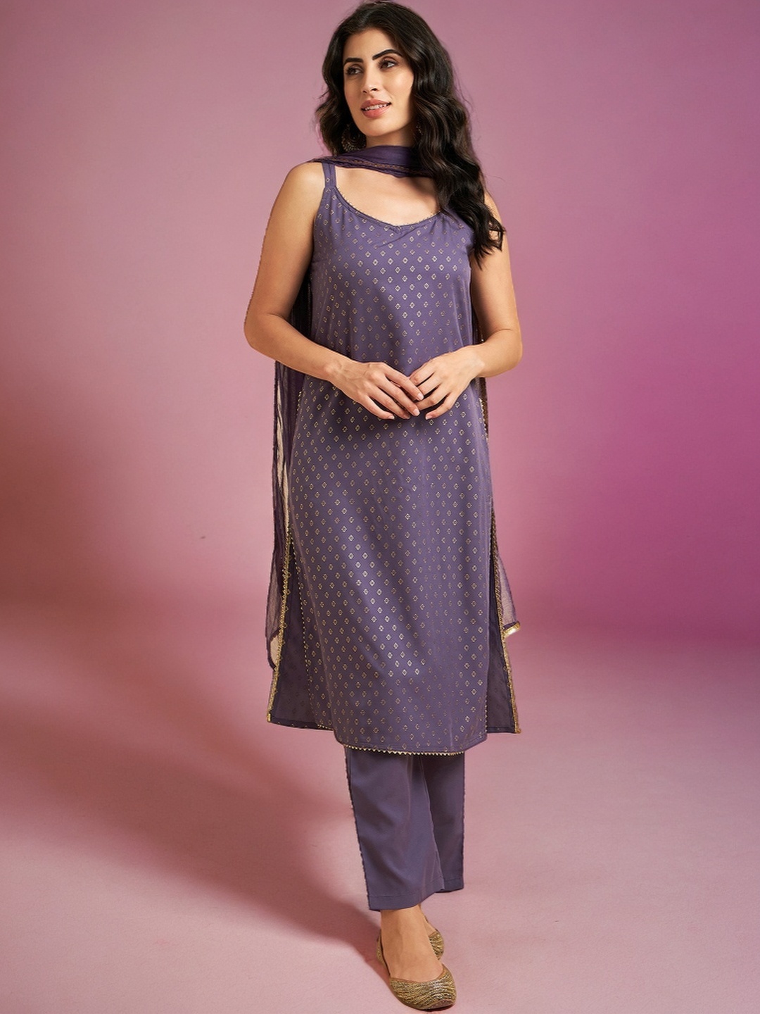 

Azira Ethnic Motifs Printed Gotta Patti Straight Kurta With Palazzos & Dupatta, Purple