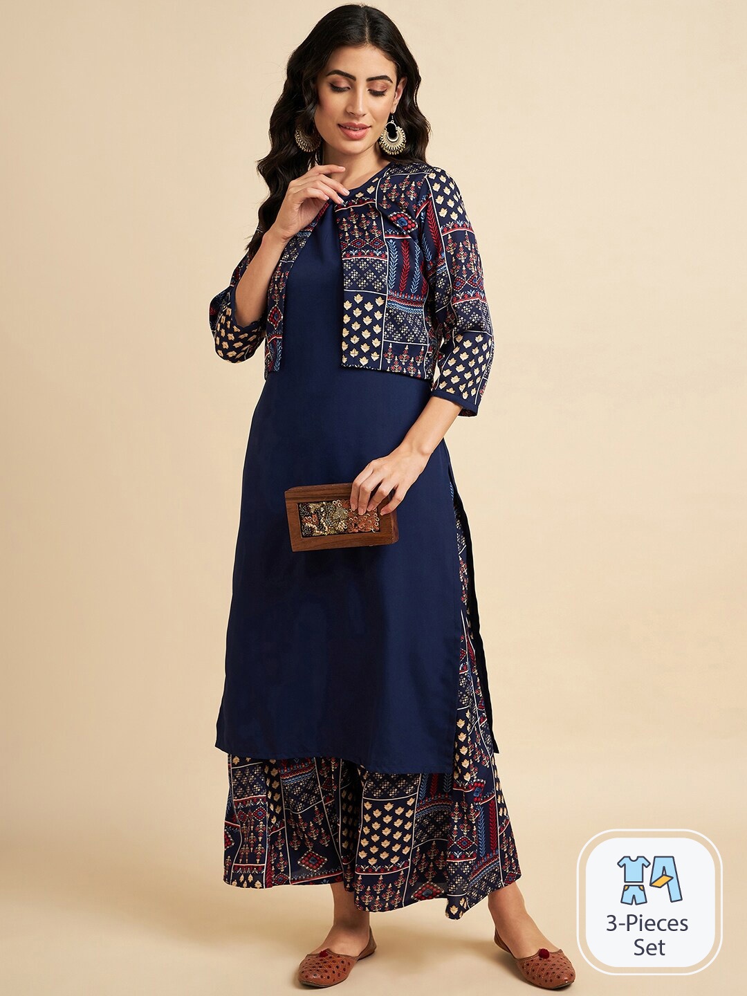 

Azira Round Neck Straight Kurta With Palazzo With Jacket, Blue