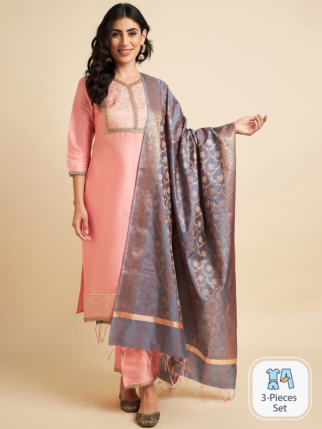 

Azira Floral Yoke Design Zari Straight Kurta With Palazzos & Dupatta, Peach