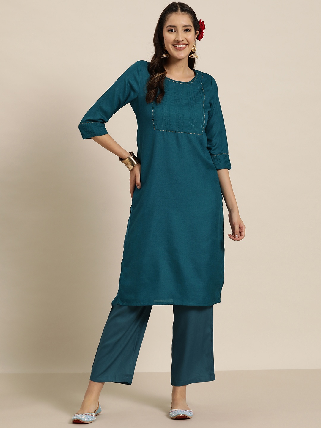 

HERE&NOW Women Yoke Design Sequinned Kurta, Teal