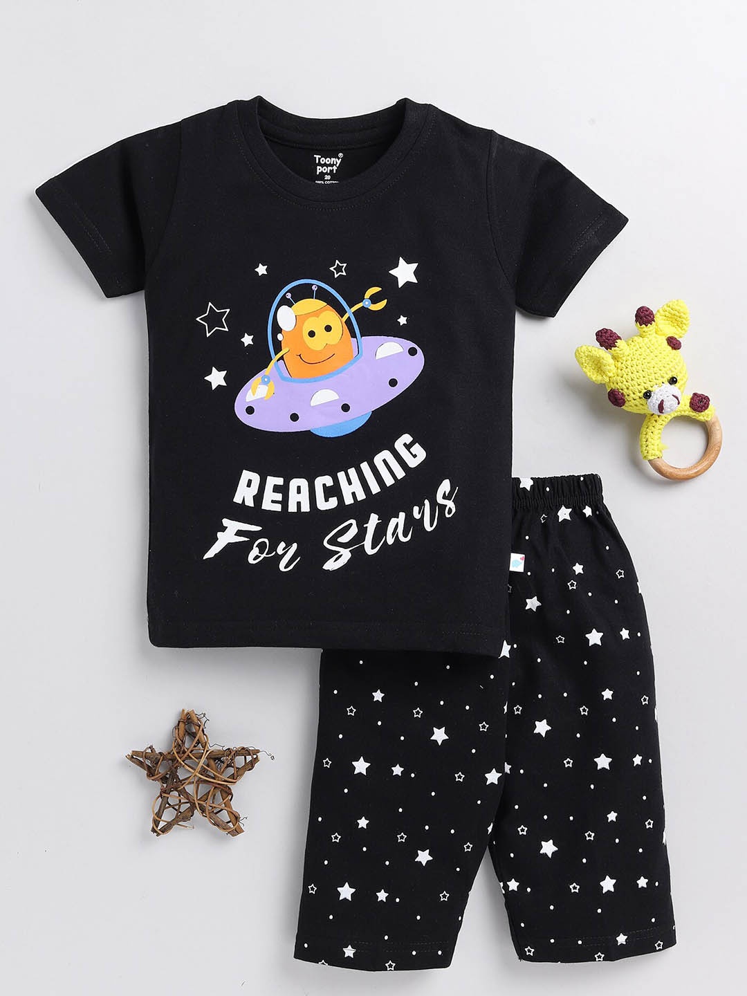

Toonyport Boys Printed Pure Cotton T-shirt with Shorts, Black