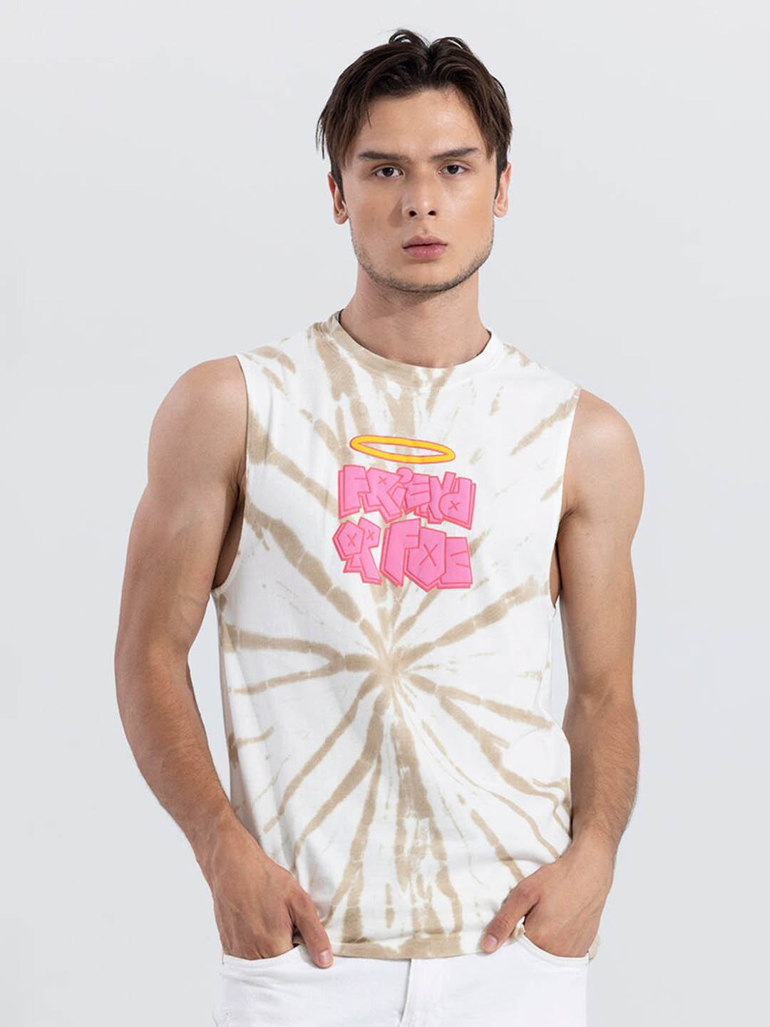 

Snitch Tie & Dye Dyed Round Neck Applique T-shirt, Beige