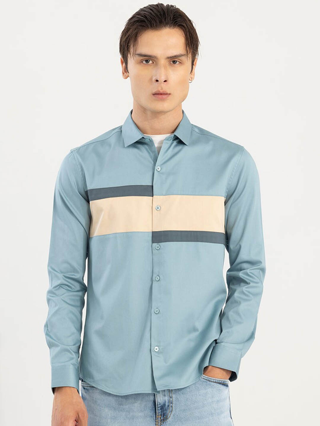 

Snitch Colourblocked Cotton Casual Shirt, Blue