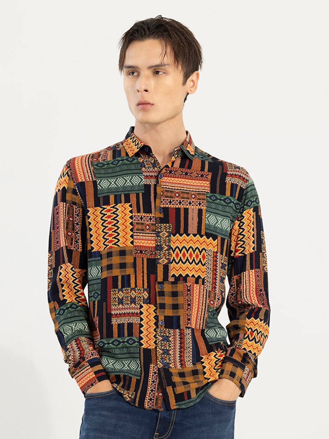 

Snitch Geometric Printed Casual Shirt, Orange