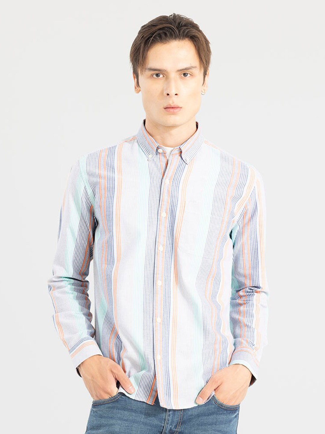 

Snitch Striped Button-Down Collar Cotton Casual Shirt, Blue