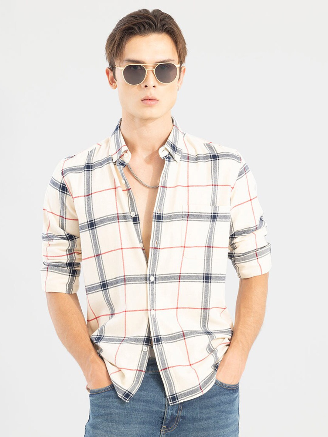 

Snitch Slim Fit Checked Cotton Casual Shirt, Cream