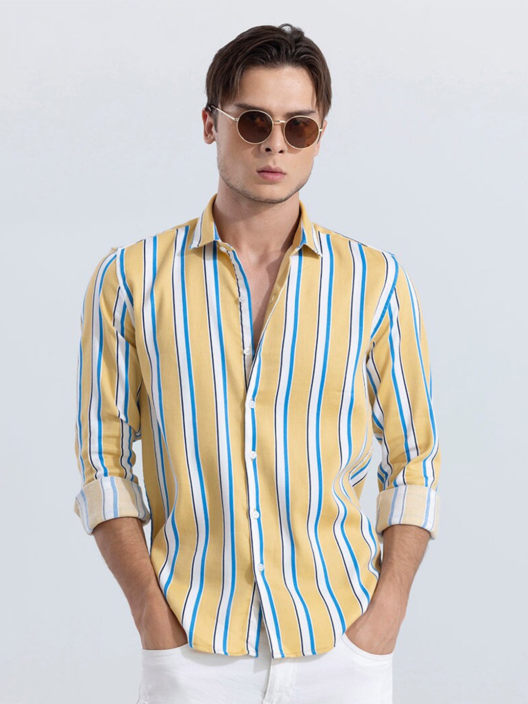 

Snitch Slim Fit Vertical Striped Cotton Casual Shirt, Yellow