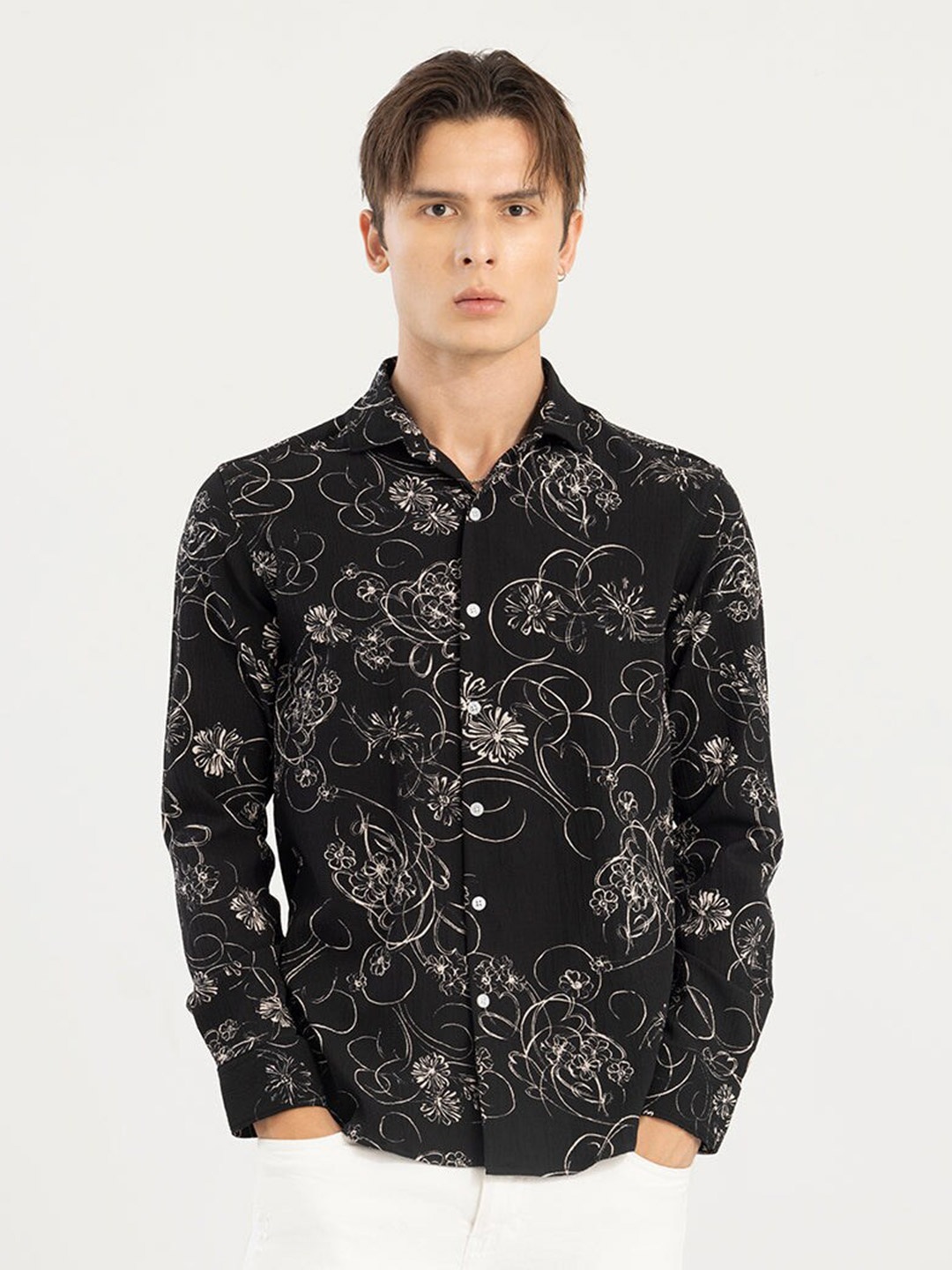 

Snitch Slim Fit Floral Printed Casual Shirt, Black