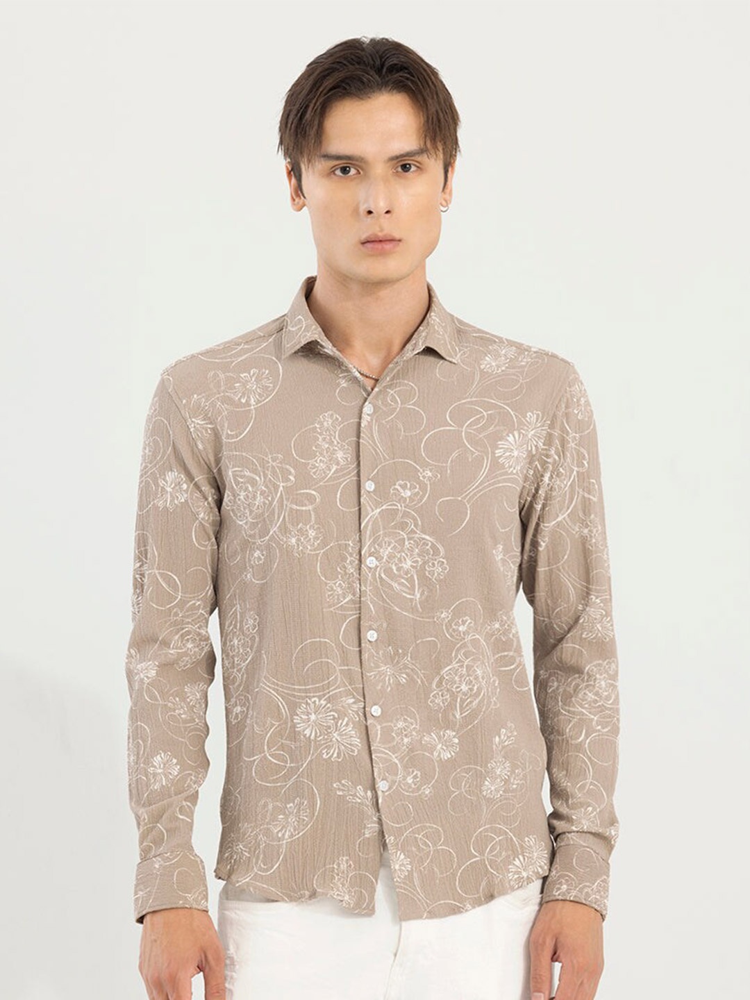 

Snitch Slim Fit Floral Printed Spread Collar Casual Shirt, Grey