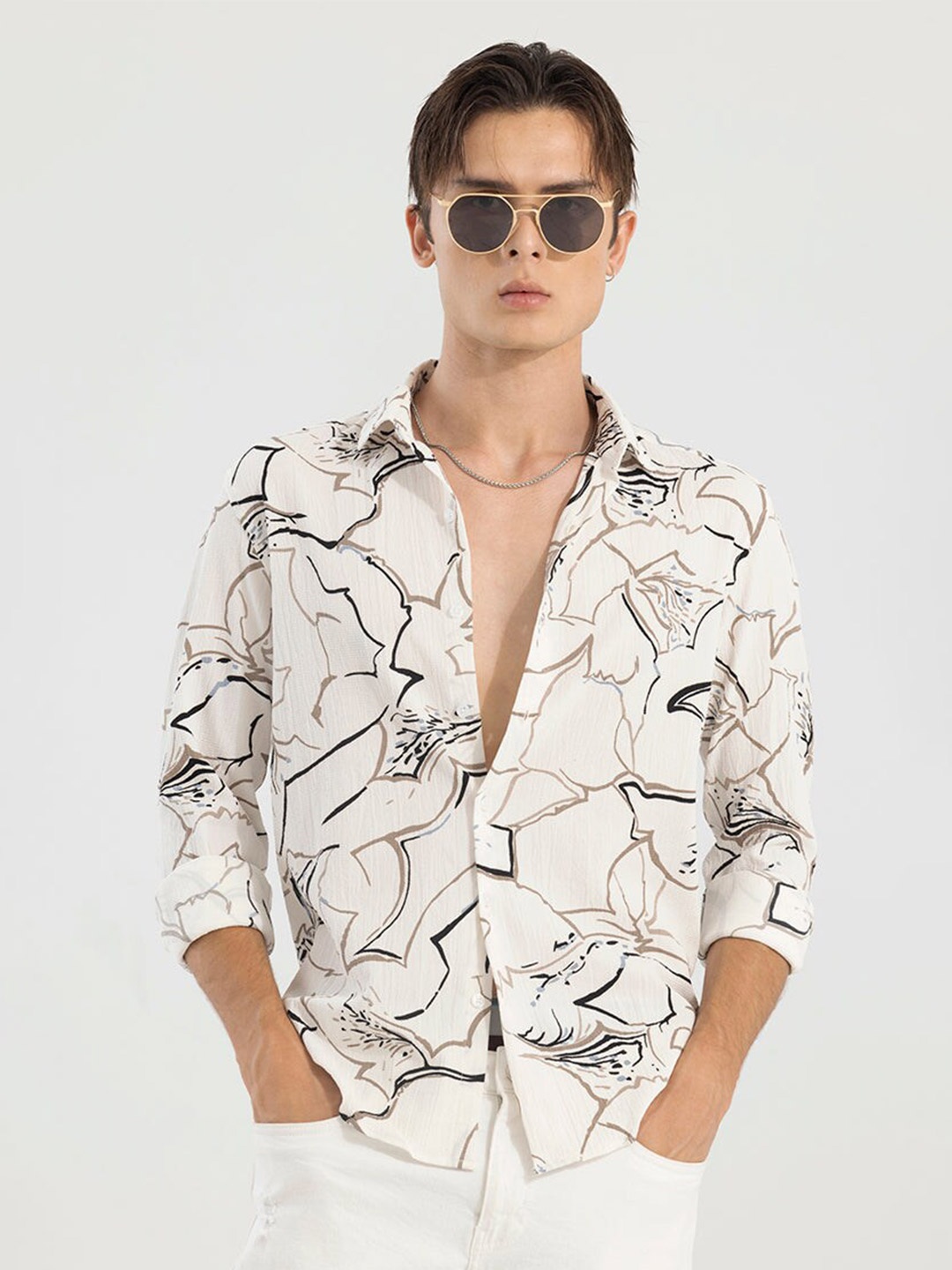 

Snitch Slim Fit Floral Printed Casual Shirt, Cream