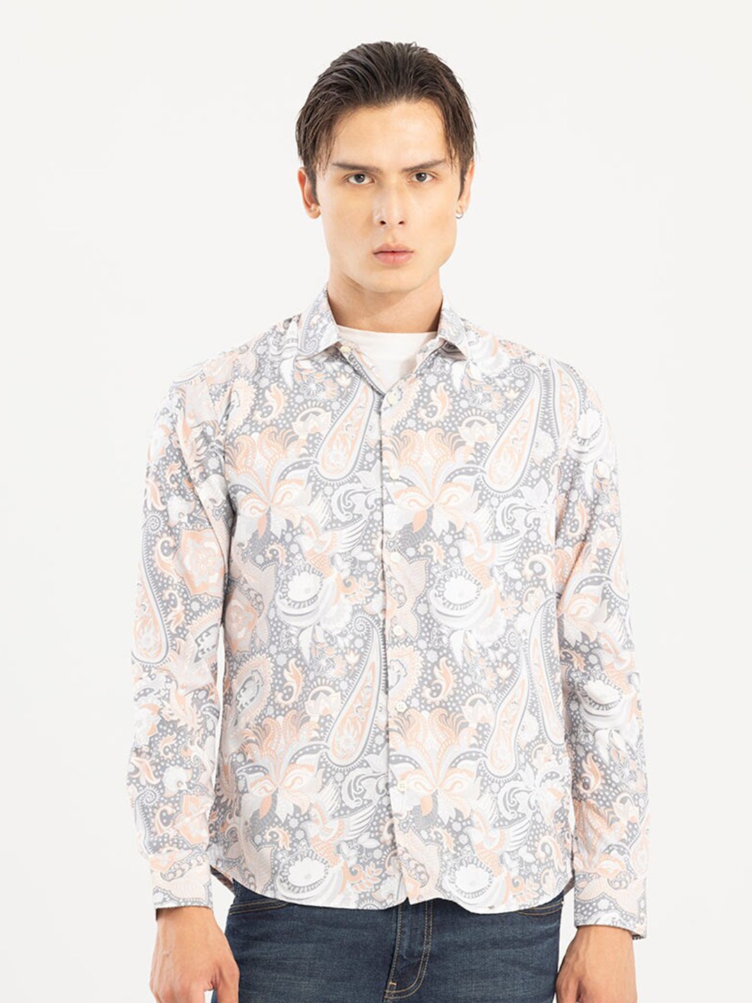 

Snitch Slim Fit Floral Printed Pure Cotton Casual Shirt, Grey