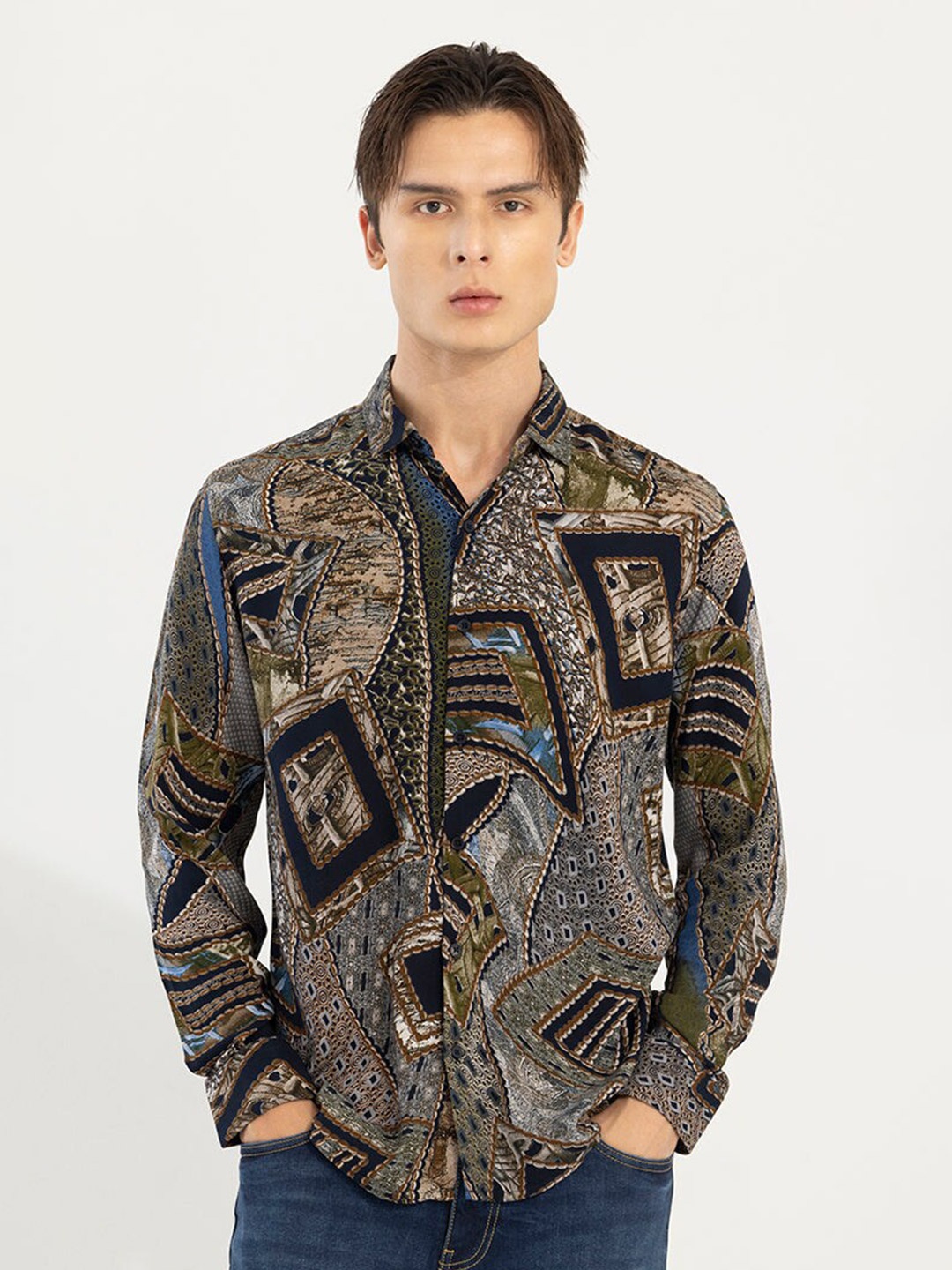 

Snitch Slim Fit Abstract Printed Casual Shirt, Olive