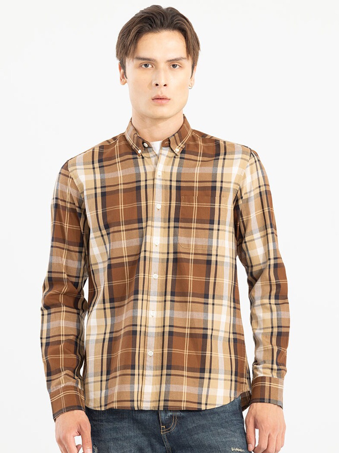 

Snitch Tartan Checked Cotton Casual Shirt, Brown