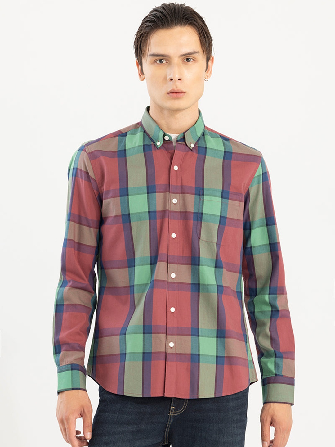 

Snitch Checked Button-Down Collar Long Sleeve Pocket Cotton Casual Shirt, Red