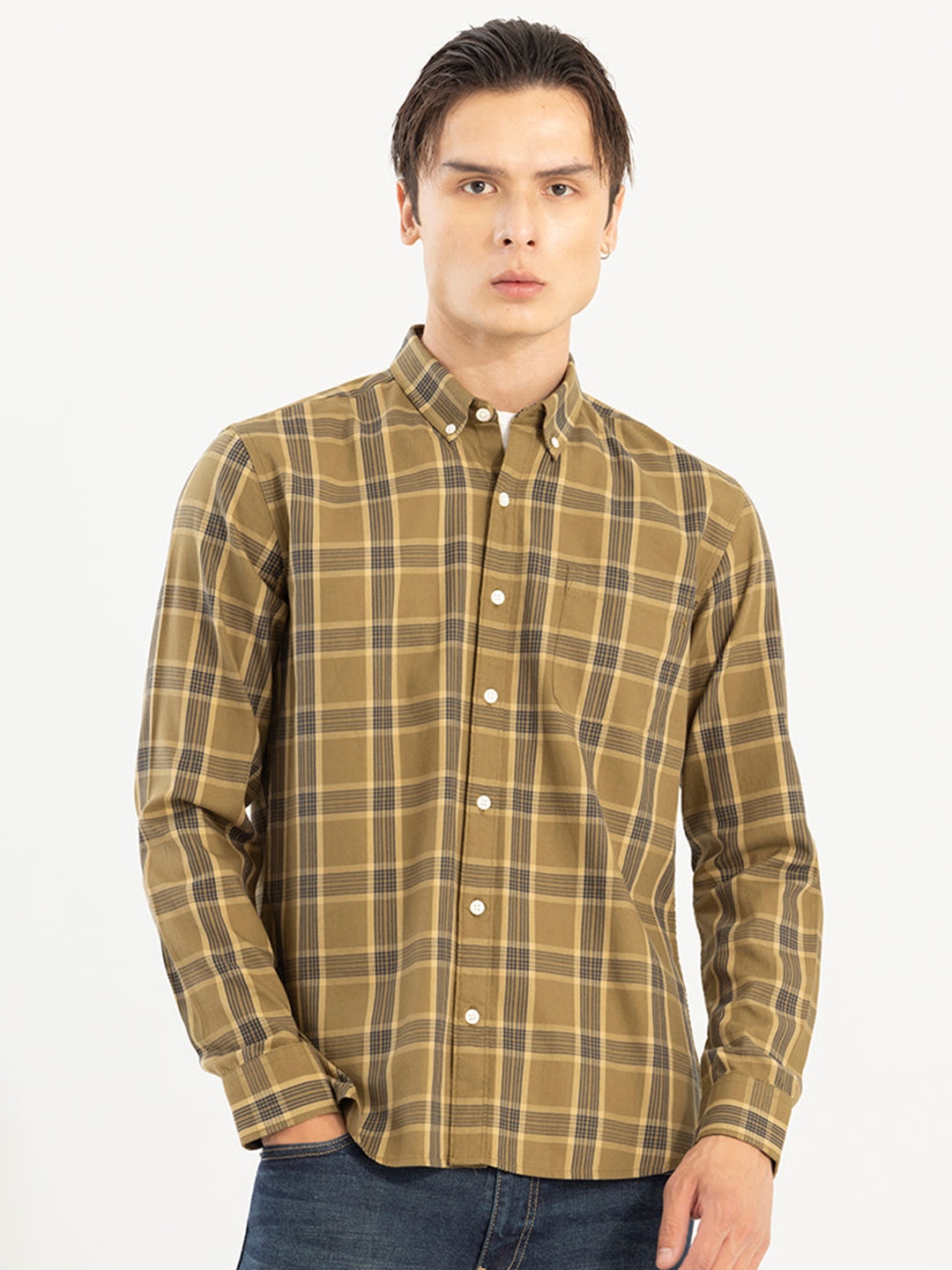 

Snitch Tartan Checked Slim Fit Pure Cotton Casual Shirt, Yellow