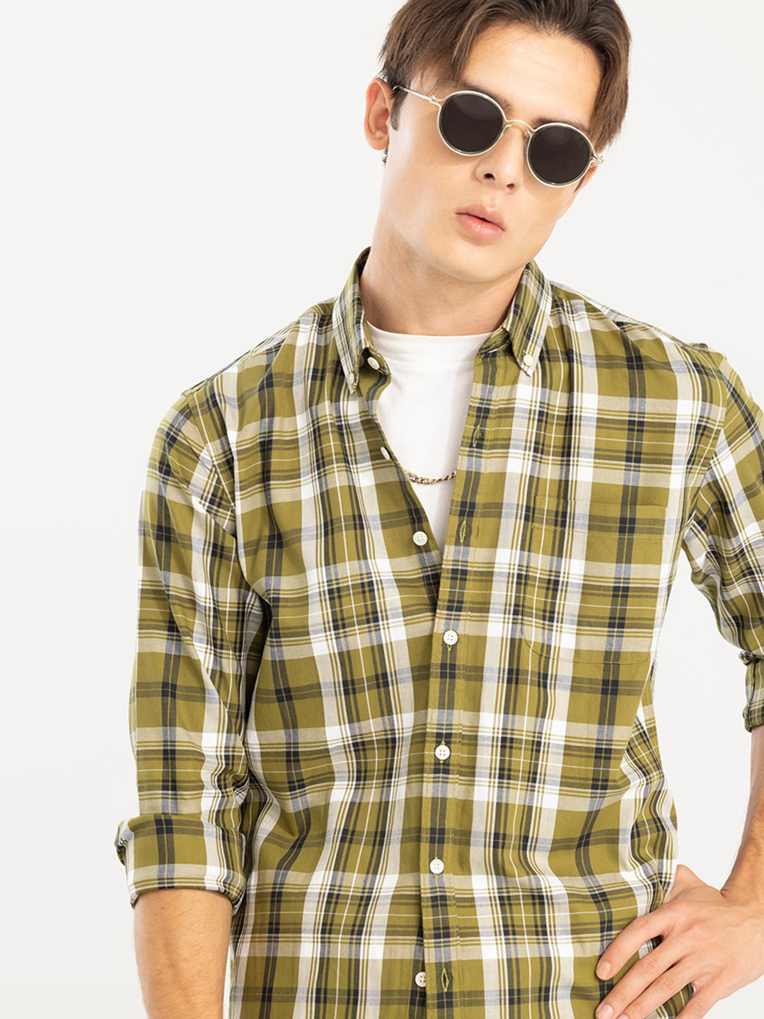 

Snitch Yellow Tartan Checked Cotton Casual Shirt, Khaki