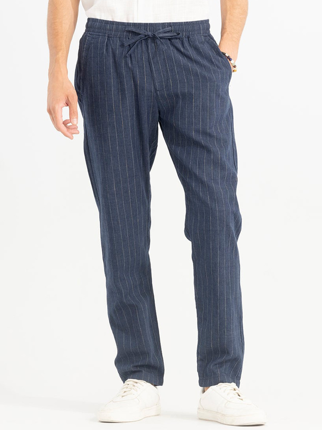

Snitch Men Relaxed Comfort Flared Cotton Linen Straight Fit Trousers, Blue