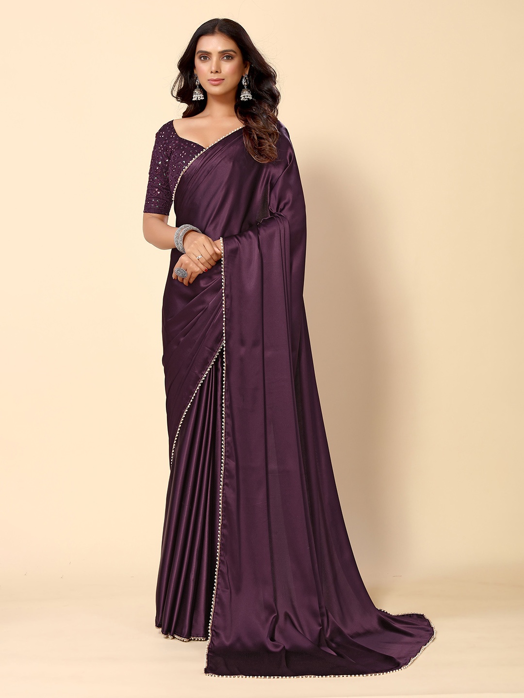 

HERE&NOW Beads & Stones Satin Saree With Blouse Piece, Burgundy