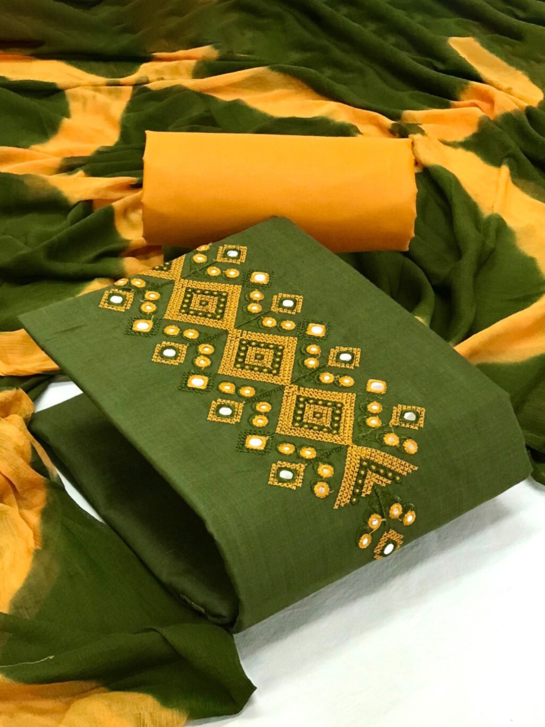 

Angroop Ethnic Motifs Embroidered Mirror Work Unstitched Dress Material, Olive