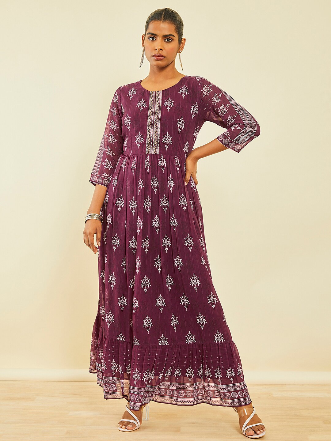 

Soch Ethnic Motifs Printed Gathered Georgette Fit & Flare Maxi Ethnic Dress, Magenta