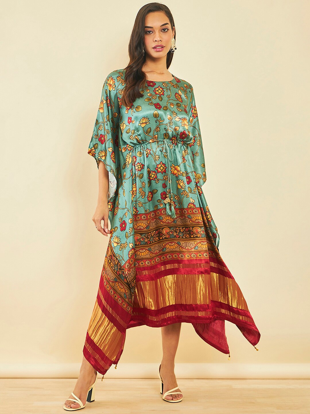 

Soch Kalamkari Printed Satin Kaftan Midi Ethnic Dress, Teal