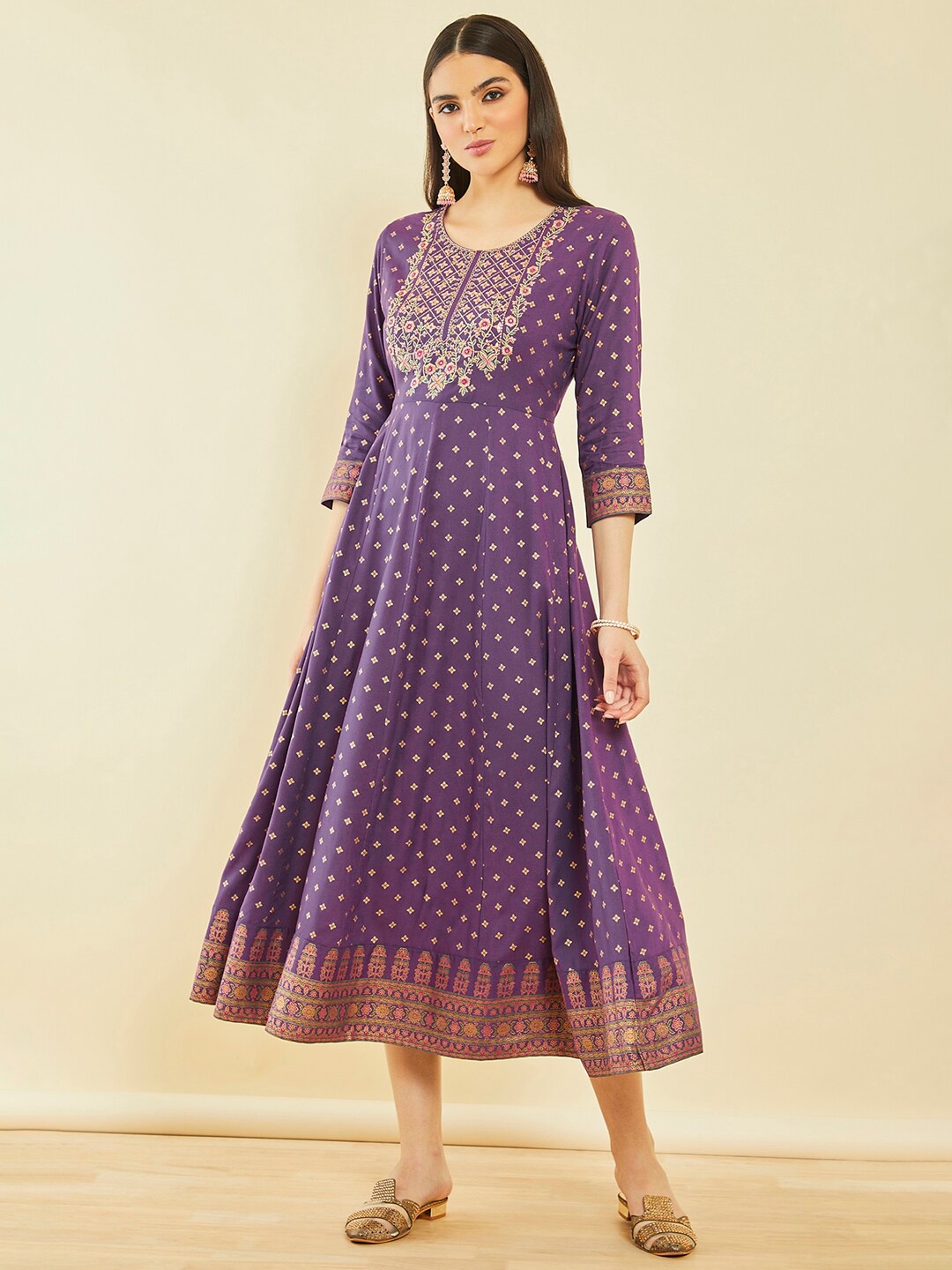 

Soch Ethnic Motifs Embroidered Thread Work Fit and Flare Midi Ethnic Dress, Purple