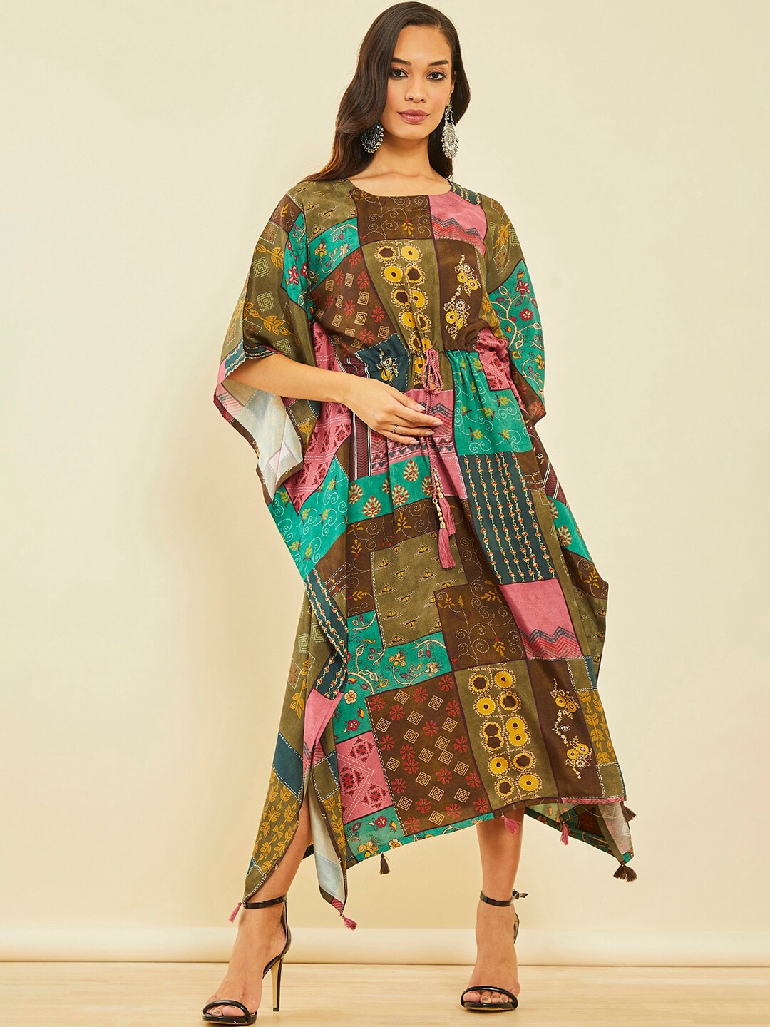 

Soch Ethnic Motifs Printed Silk Midi Kaftan Dress, Green