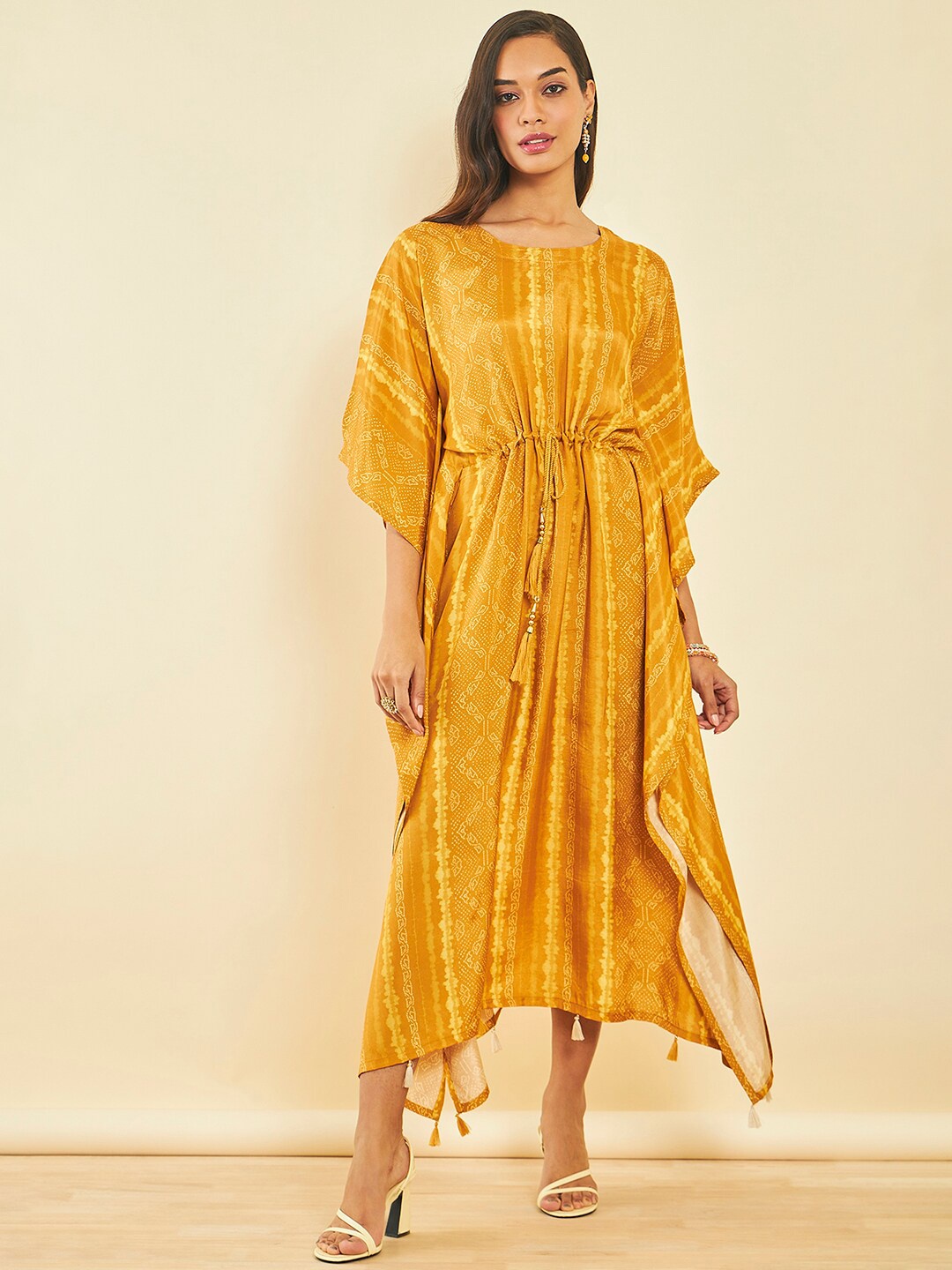 

Soch Ethnic Motifs Printed Extended Sleeves Tie-Up Detail Silk Kaftan Midi Dress, Yellow