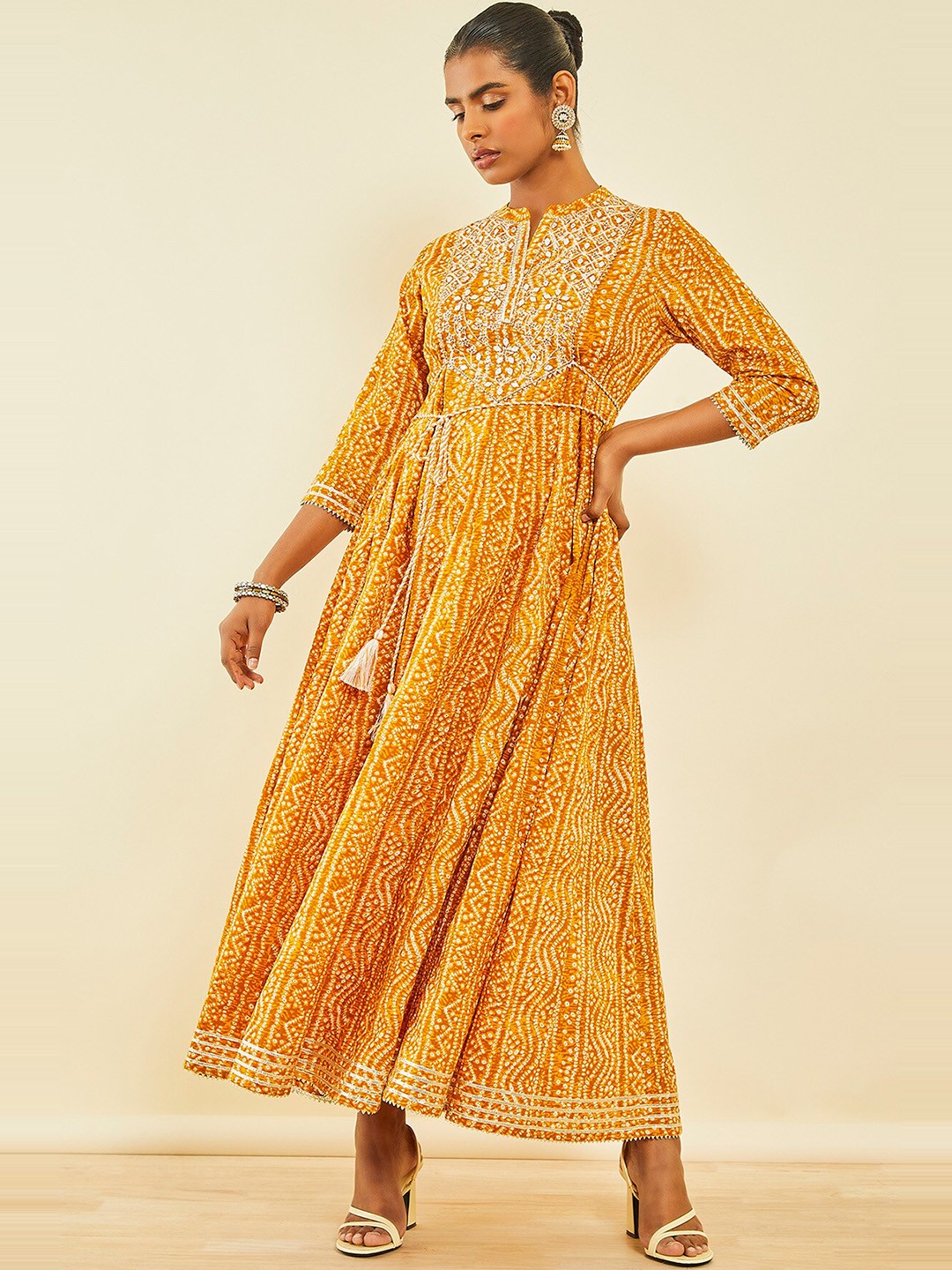 

Soch Bandhani Printed Mirror Work Pleated Maxi Ethnic Dress, Mustard