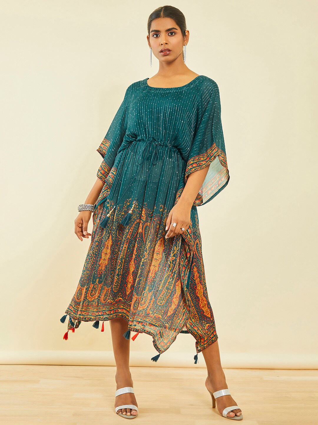 

Soch Botanical Printed Sequined Cotton Midi Kaftan Ethnic Dress, Teal