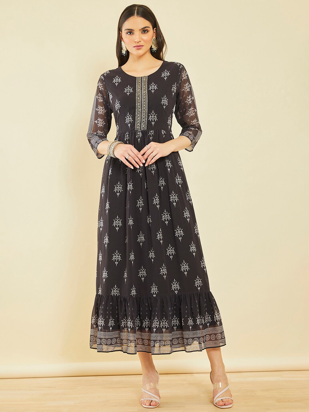 

Soch Ethnic Motifs Printed Georgette A-Line Midi Dress, Black