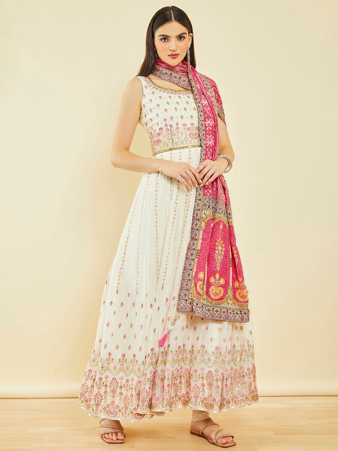 

Soch Ethnic Motifs Printed Georgette Maxi Dress, Off white