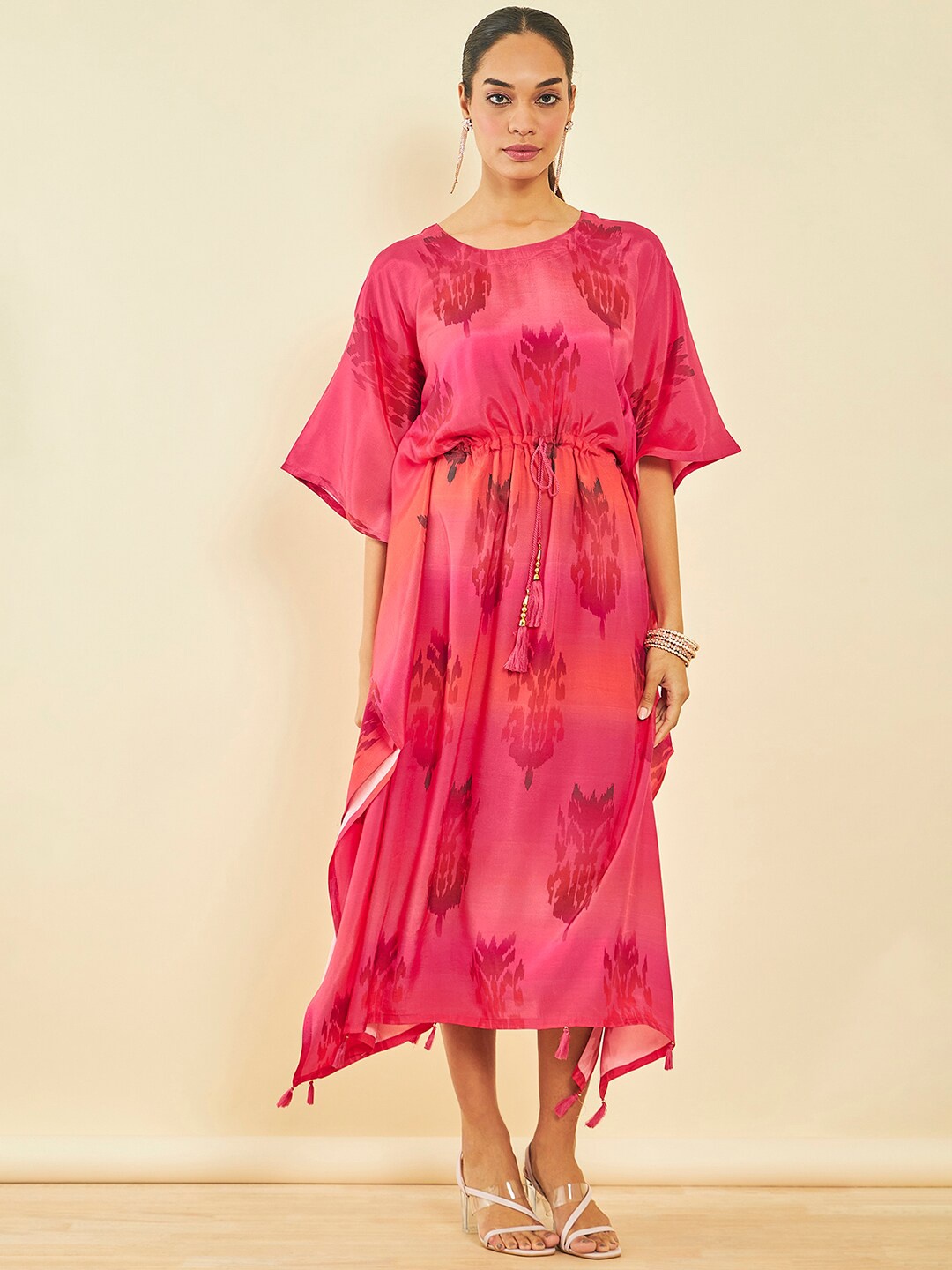 

Soch Ethnic Motifs Printed Extended Sleeves Silk Midi Kaftan Dress, Pink