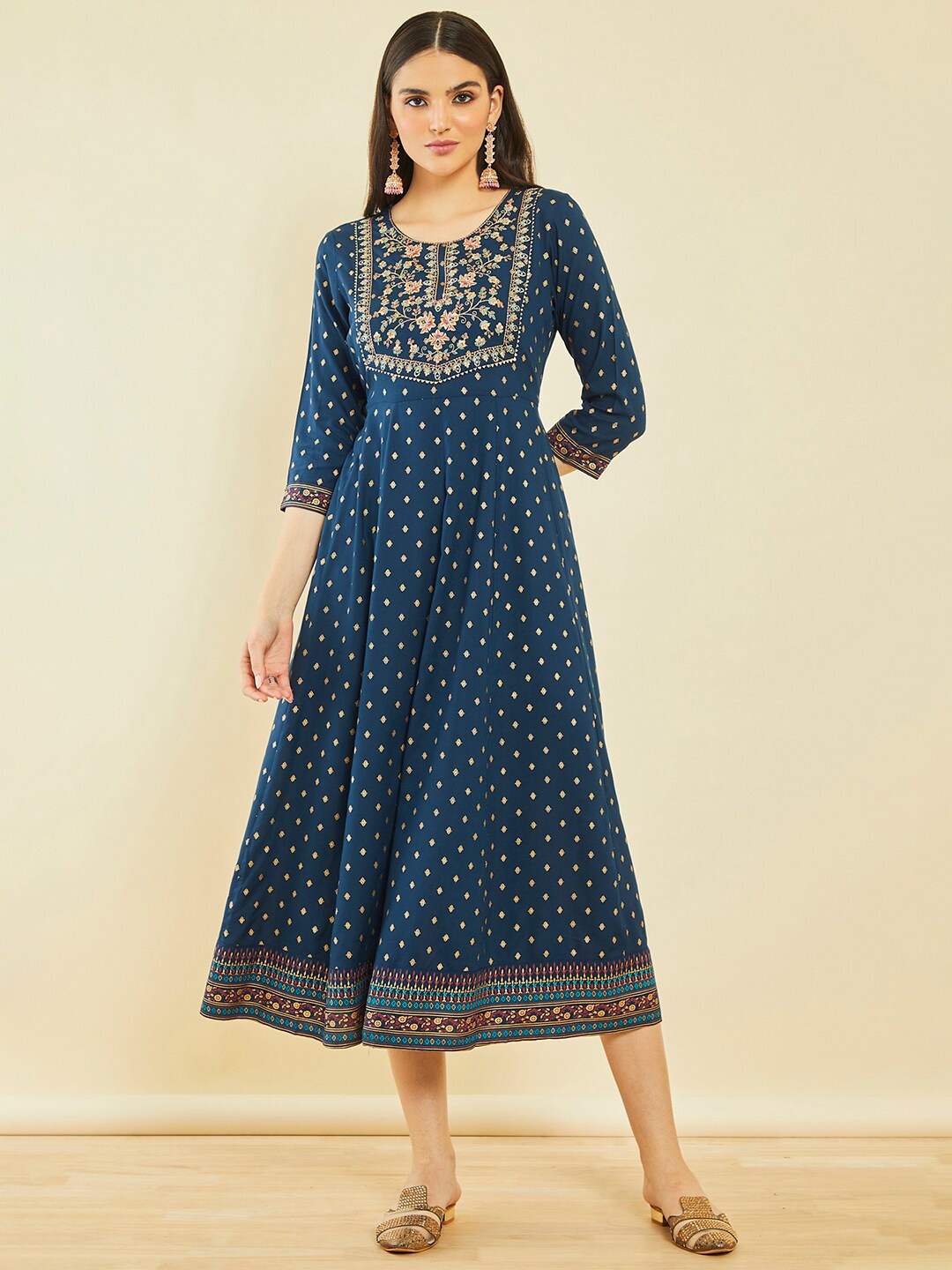 

Soch Ethnic Motifs Printed Round Neck Embroidered A-Line Midi Dress, Blue