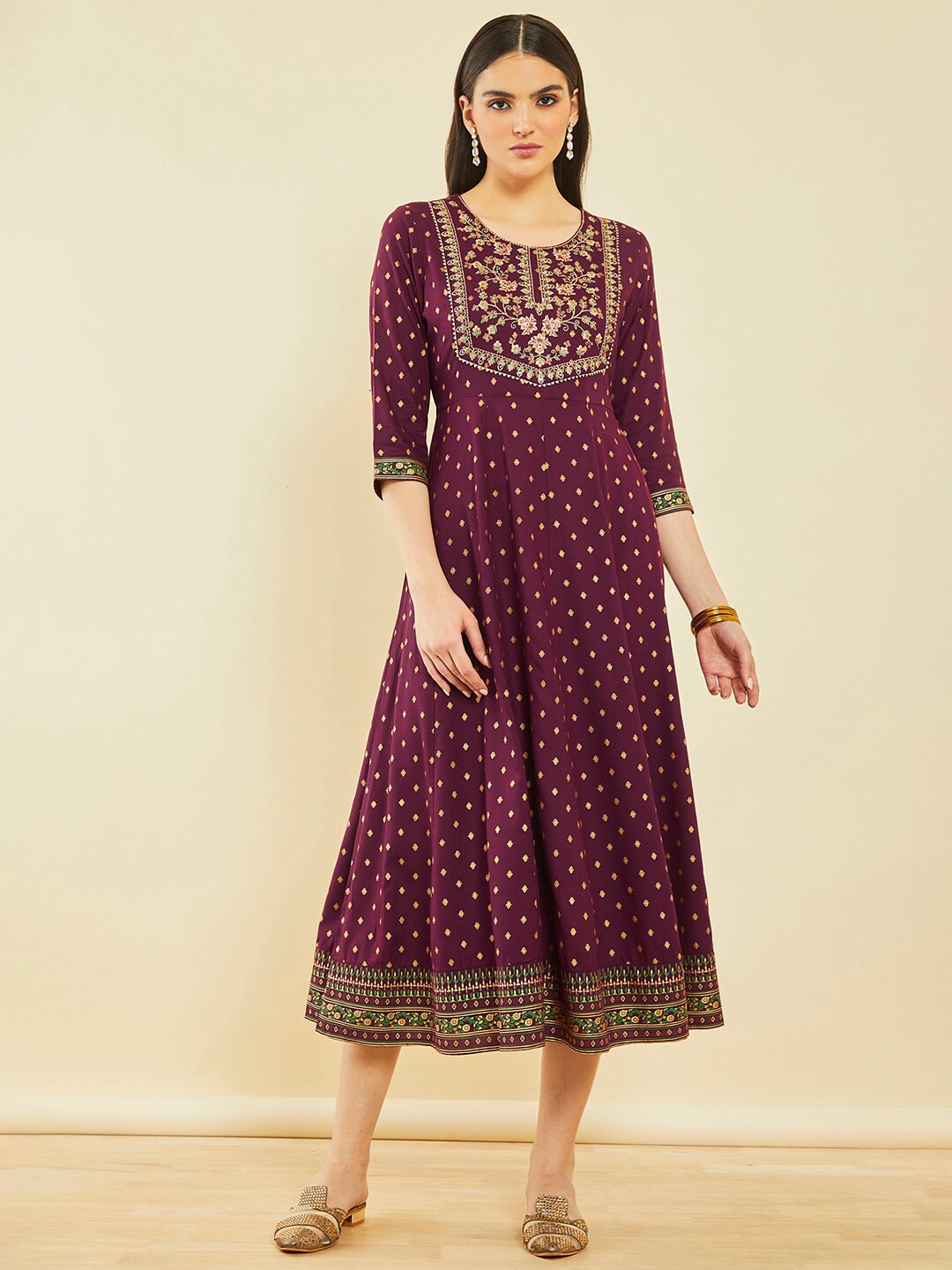 

Soch Ethnic Motifs Printed A-Line Midi Dress, Maroon