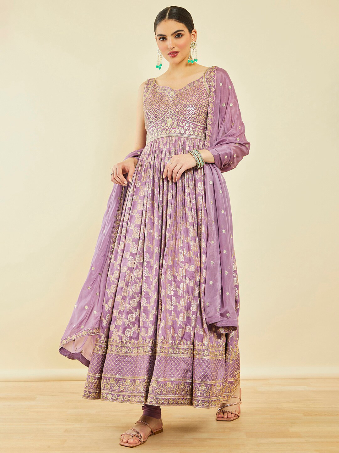 

Soch Ethnic Motifs Printed Sequinned Georgette Kurta With Leggings & With Dupatta, Purple