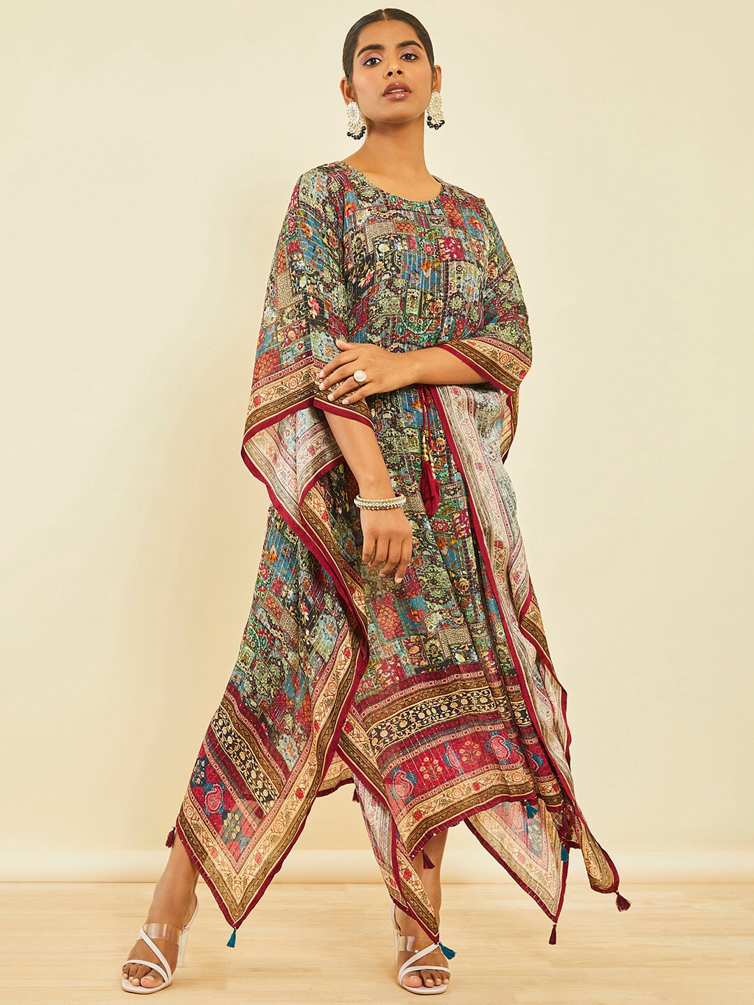 

Soch Ethnic Motifs Printed Cotton Midi Kaftan Dress, Maroon