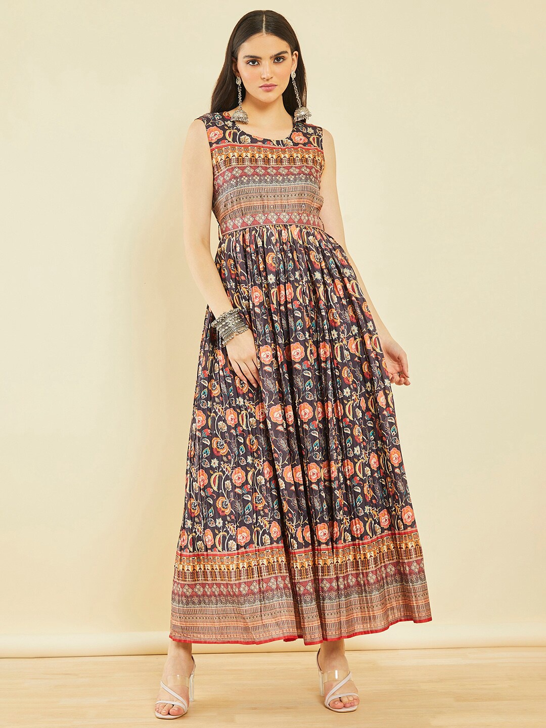 

Soch Floral Printed Sequined Sleeveless Maxi Ethnic Dress, Black