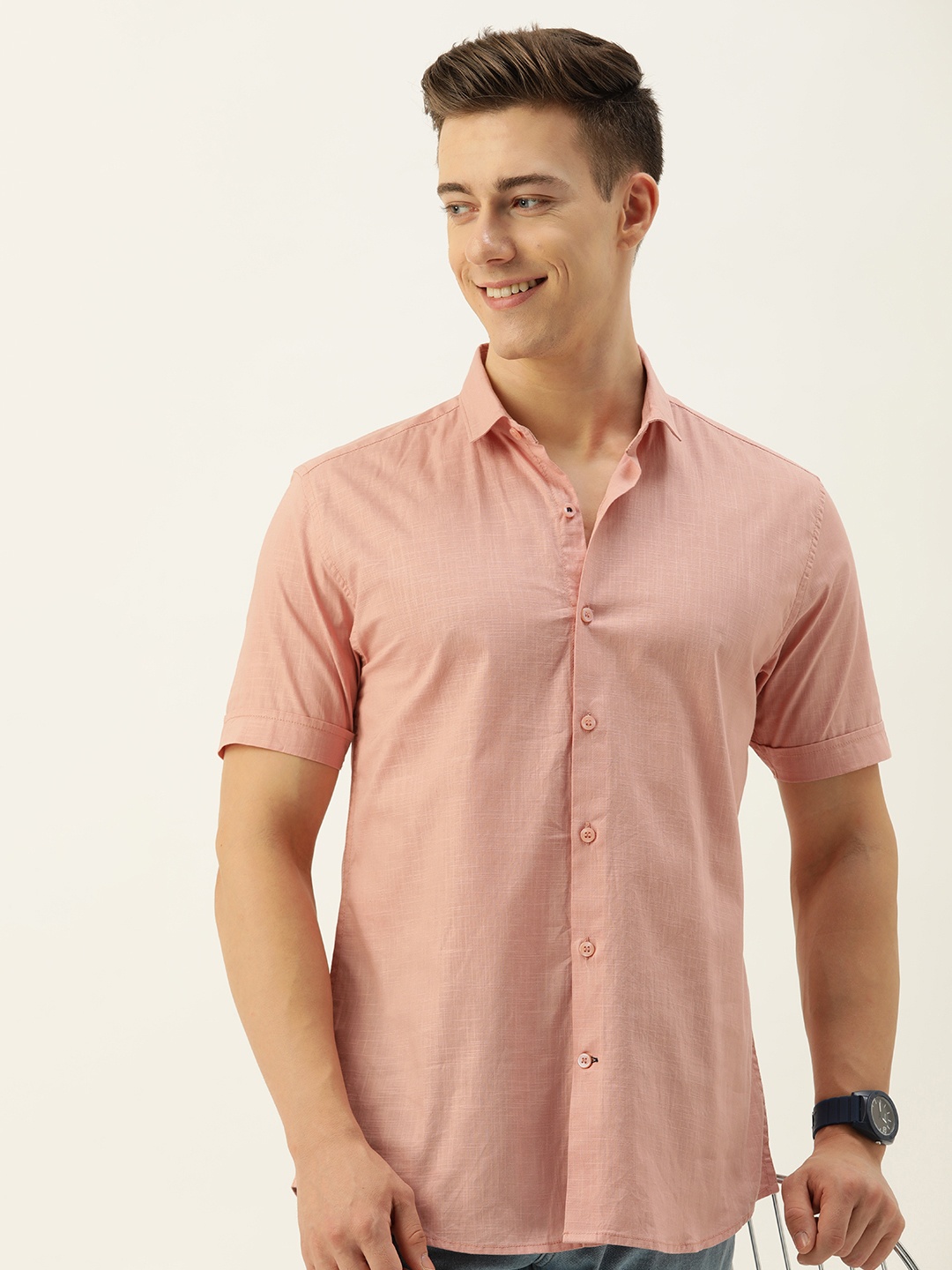 

Mast & Harbour Men Classic Slim Fit Opaque Cotton Casual Shirt, Peach