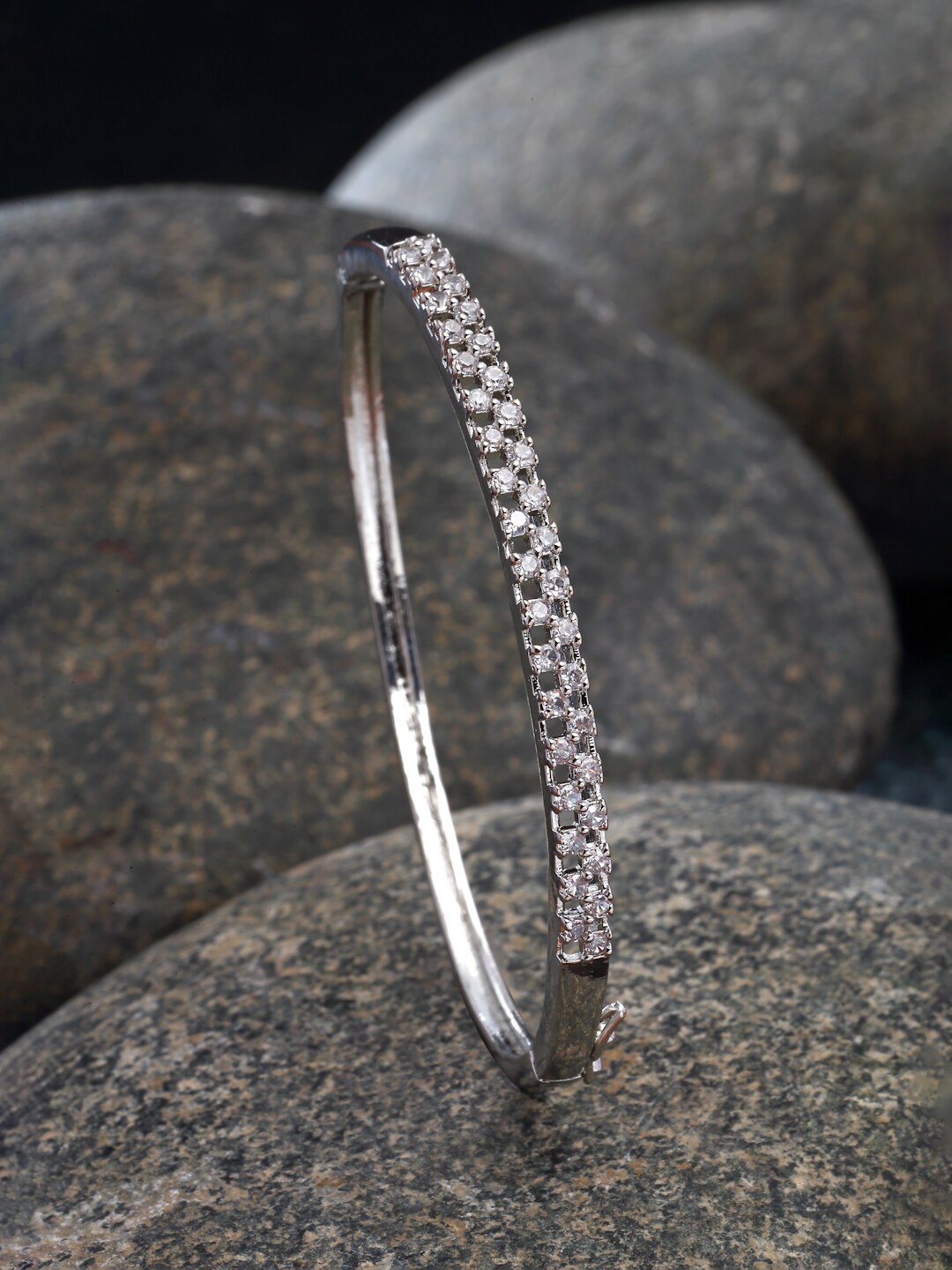 

ZENEME Rhodium-Plated American Diamond-Studded Bangle-Style Bracelet, Silver