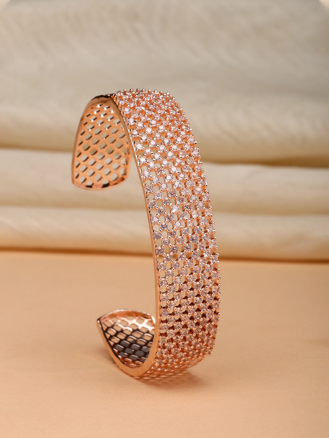 

ZENEME Rose Gold Brass American Diamond-Studded Cuff Bracelet