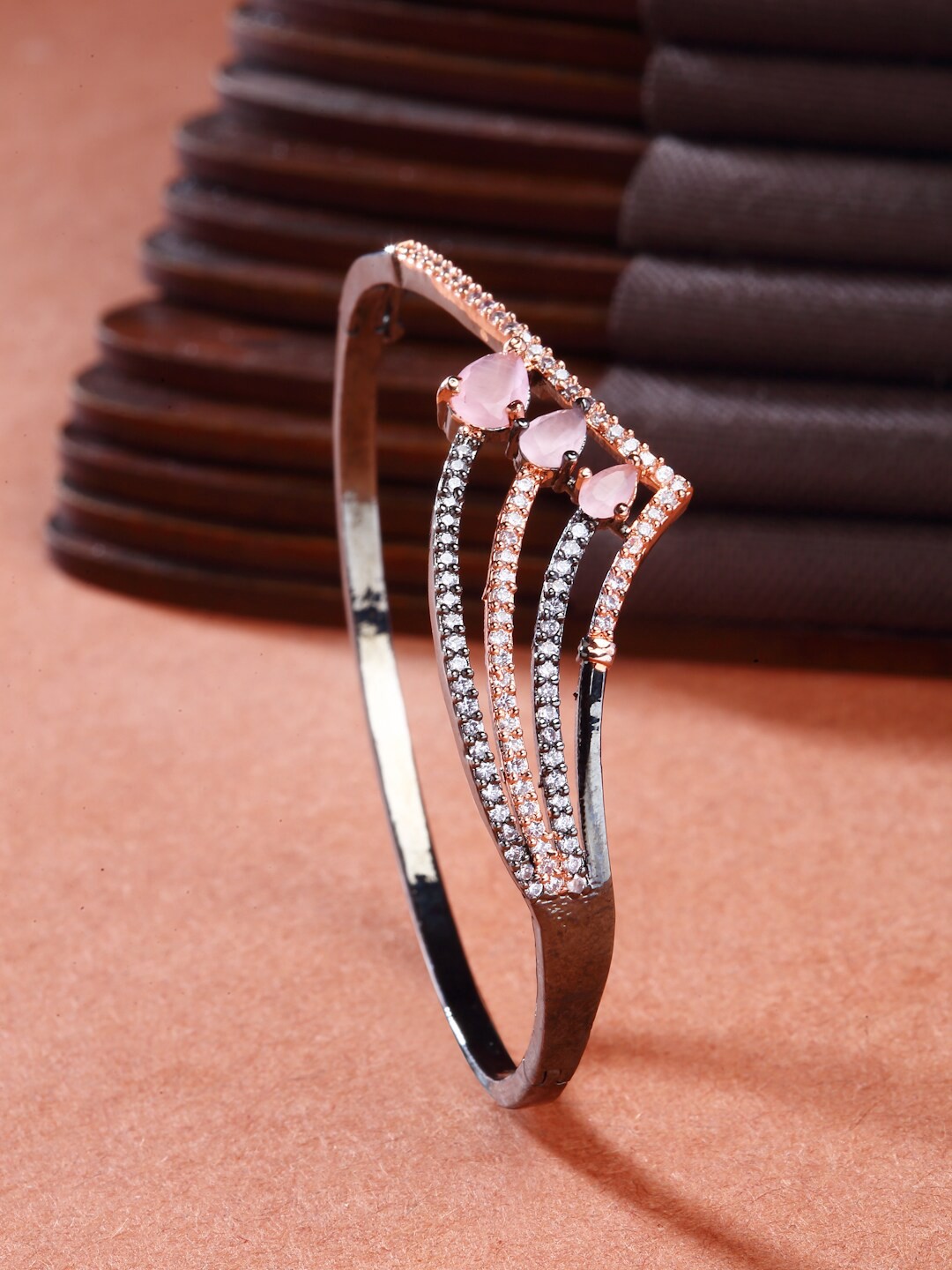 

ZENEME Rose Gold-Plated Brass American Diamond-Studded Bangle-Style Bracelet