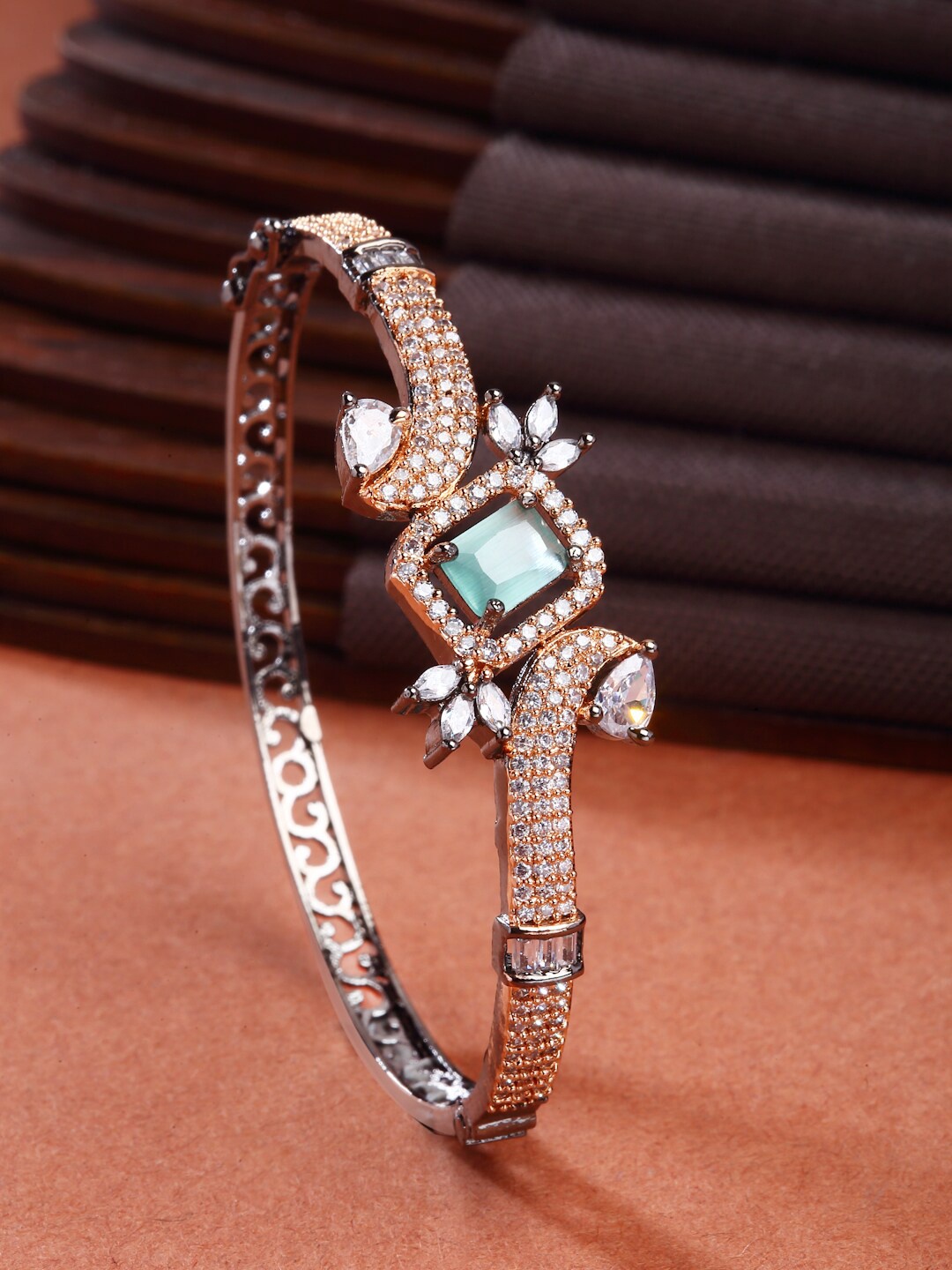

ZENEME Rose Gold-Plated Brass American Diamond-Studded Kada Bracelet