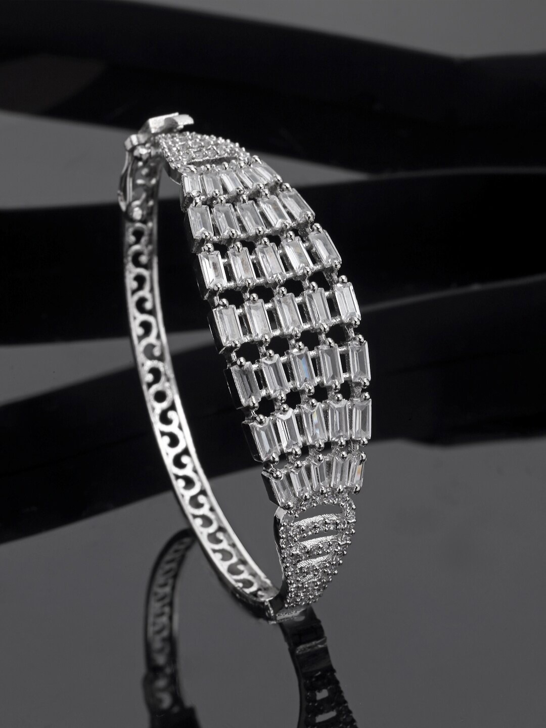 

ZENEME Rhodium-Plated Brass American Diamond-Studded Kada Bracelet, Silver