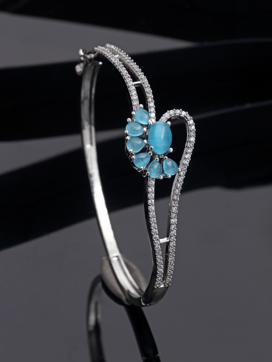 

ZENEME Rhodium-Plated Brass American Diamond-Studded Kada Bracelet, Silver