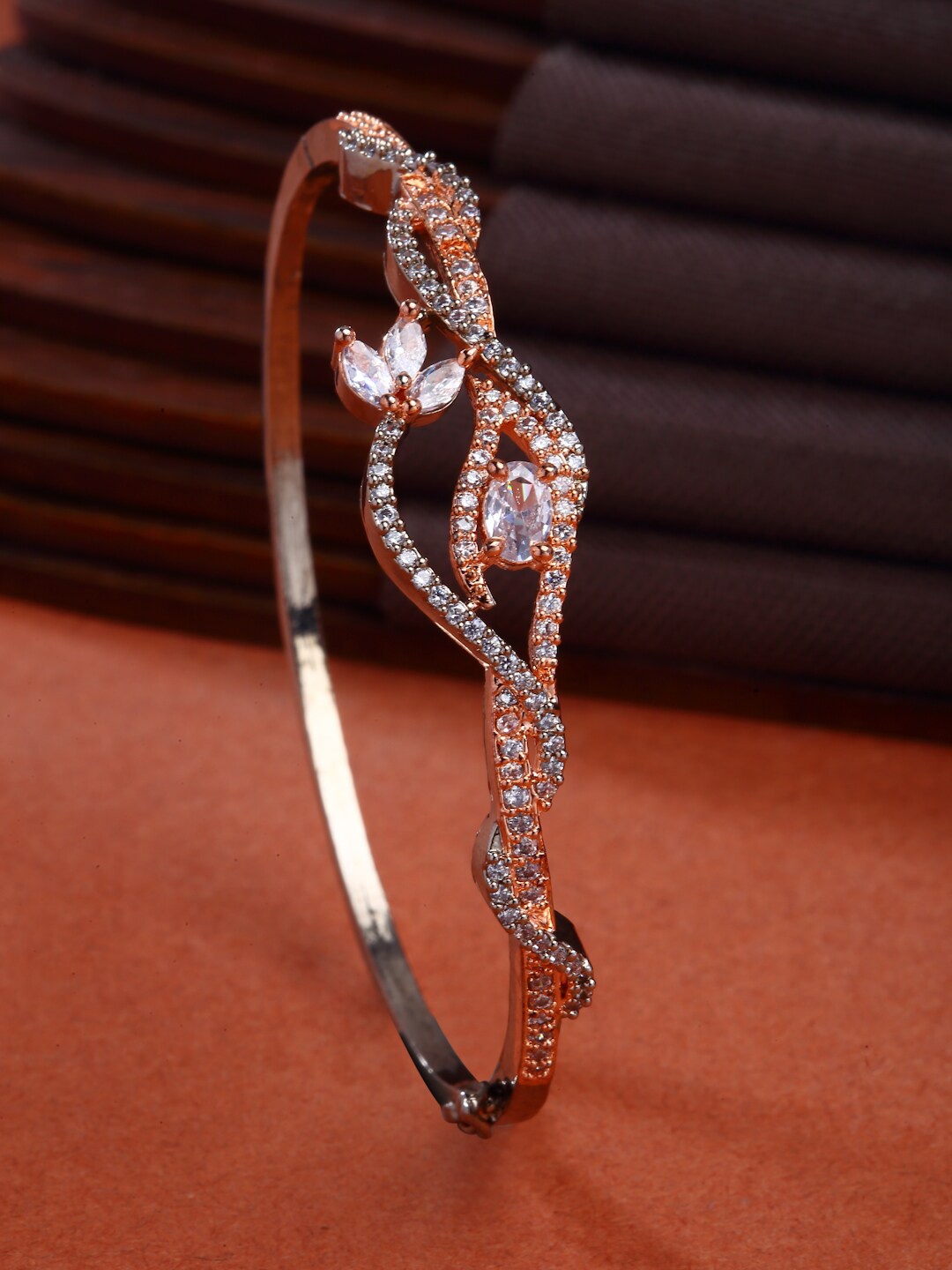 

ZENEME Rose Gold-Plated Brass American Diamond-Studded Bangle-Style Bracelet