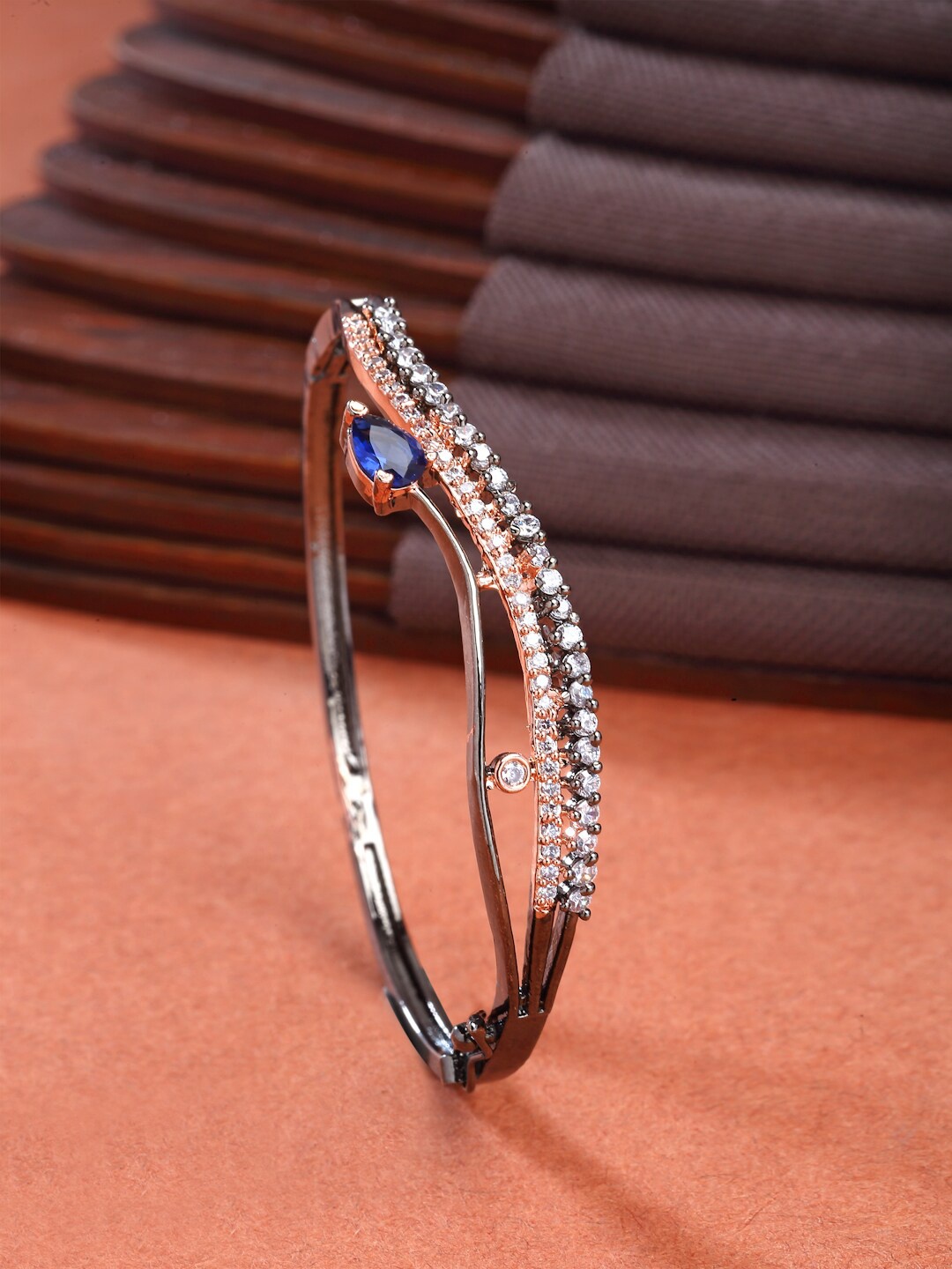 

ZENEME Rose Gold-Plated Brass American Diamond-Studded Kada Bracelet, Silver