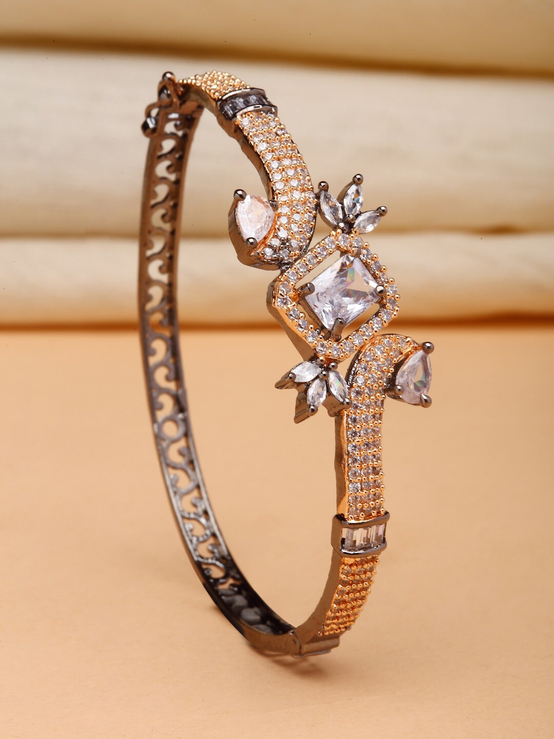 

ZENEME Rose Gold-Plated Brass American Diamond-Studded Bangle-Style Bracelet