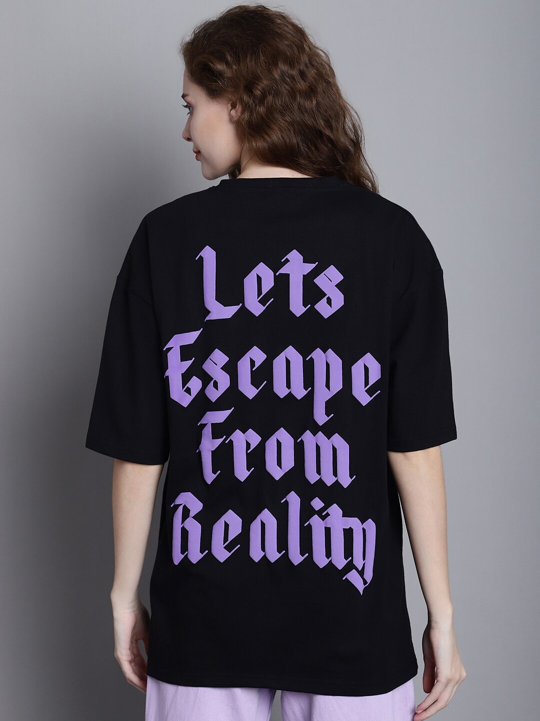 

DOOR74 Typography Printed Drop-Shoulder Sleeves Oversized Cotton T-shirt, Black