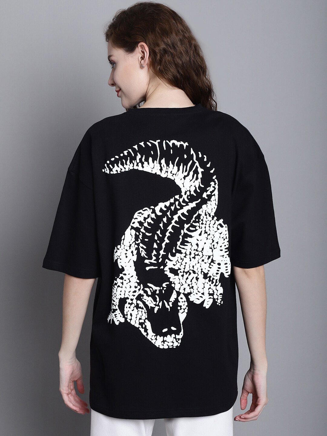 DOOR74 Graphic Printed Drop-Shoulder Sleeves Oversized Cotton T-shirt, Black